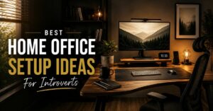 Best home office setup for introverts featuring an ergonomic desk, warm lighting, productivity-focused workspace, and minimalist office design.