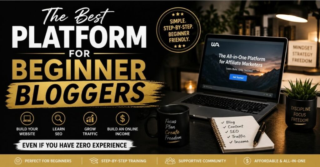 Beginner blogger workspace with laptop, blogging setup, and productivity tools representing the best blogging platforms for beginners in 2026.