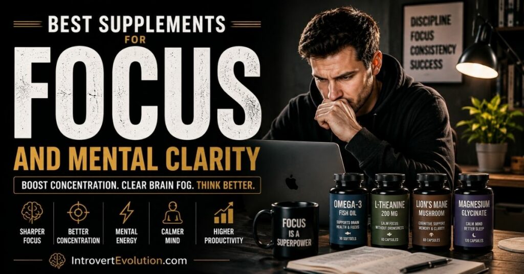Person working at a desk with focus supplements for mental clarity, concentration, brain fog support, and productivity in a dark cinematic workspace.