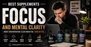 Person working at a desk with focus supplements for mental clarity, concentration, brain fog support, and productivity in a dark cinematic workspace.