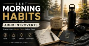 Minimalist morning routine setup for ADHD introverts featuring a journal, coffee mug, headphones, water bottle, and calming workspace with the text “Best Morning Habits For ADHD Introverts”.