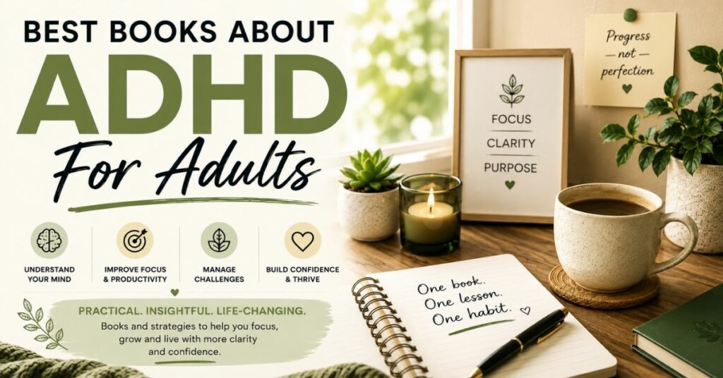 Best ADHD books for adults graphic featuring calm workspace, notebook, coffee, and productivity-focused self-help theme.