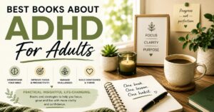 Best ADHD books for adults graphic featuring calm workspace, notebook, coffee, and productivity-focused self-help theme.